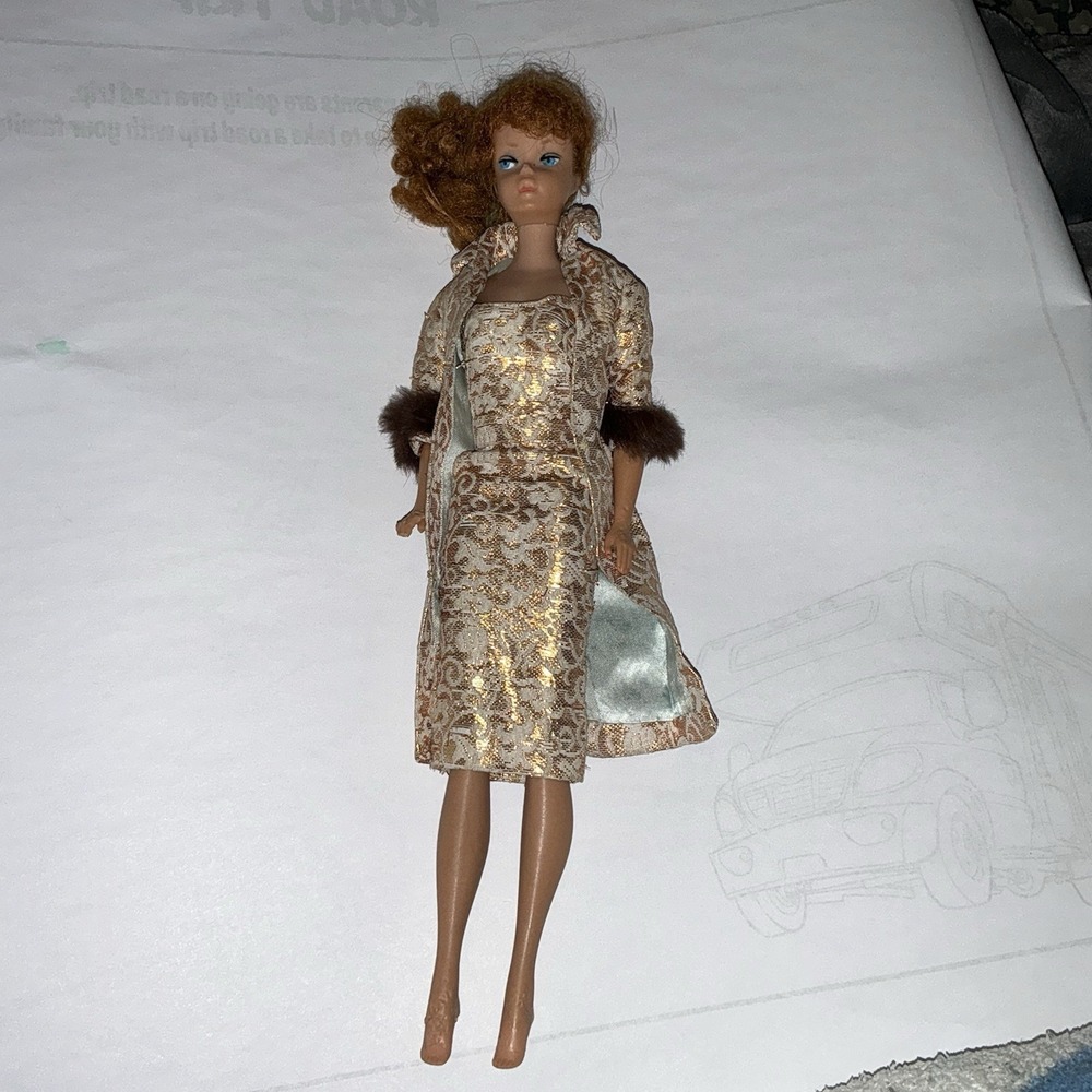 Vintage 1962 60s Barbie Evening Splendor Rare Collectible Gold Dress Jacket Fur